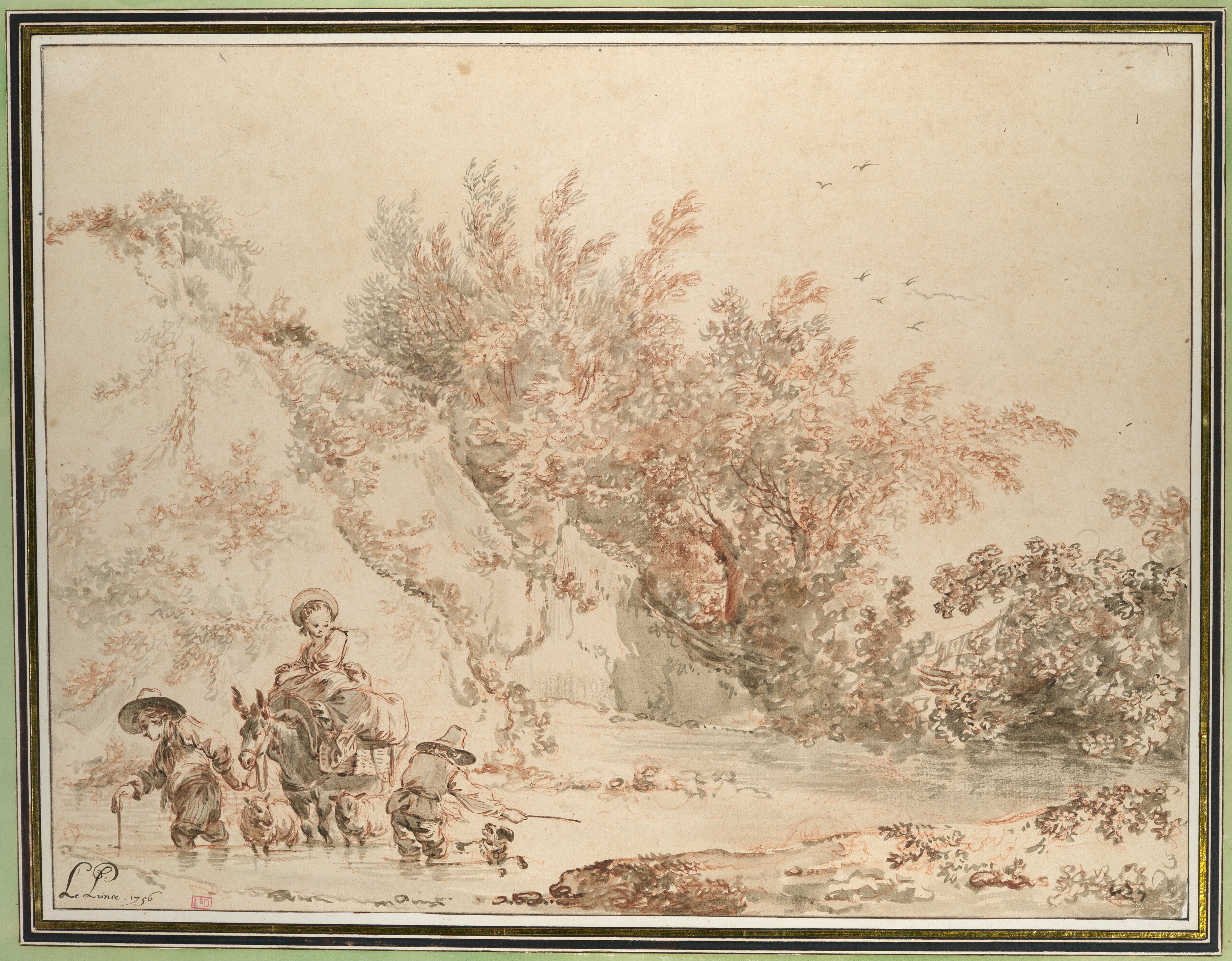 Travelers Crossing Shallow River Sketch