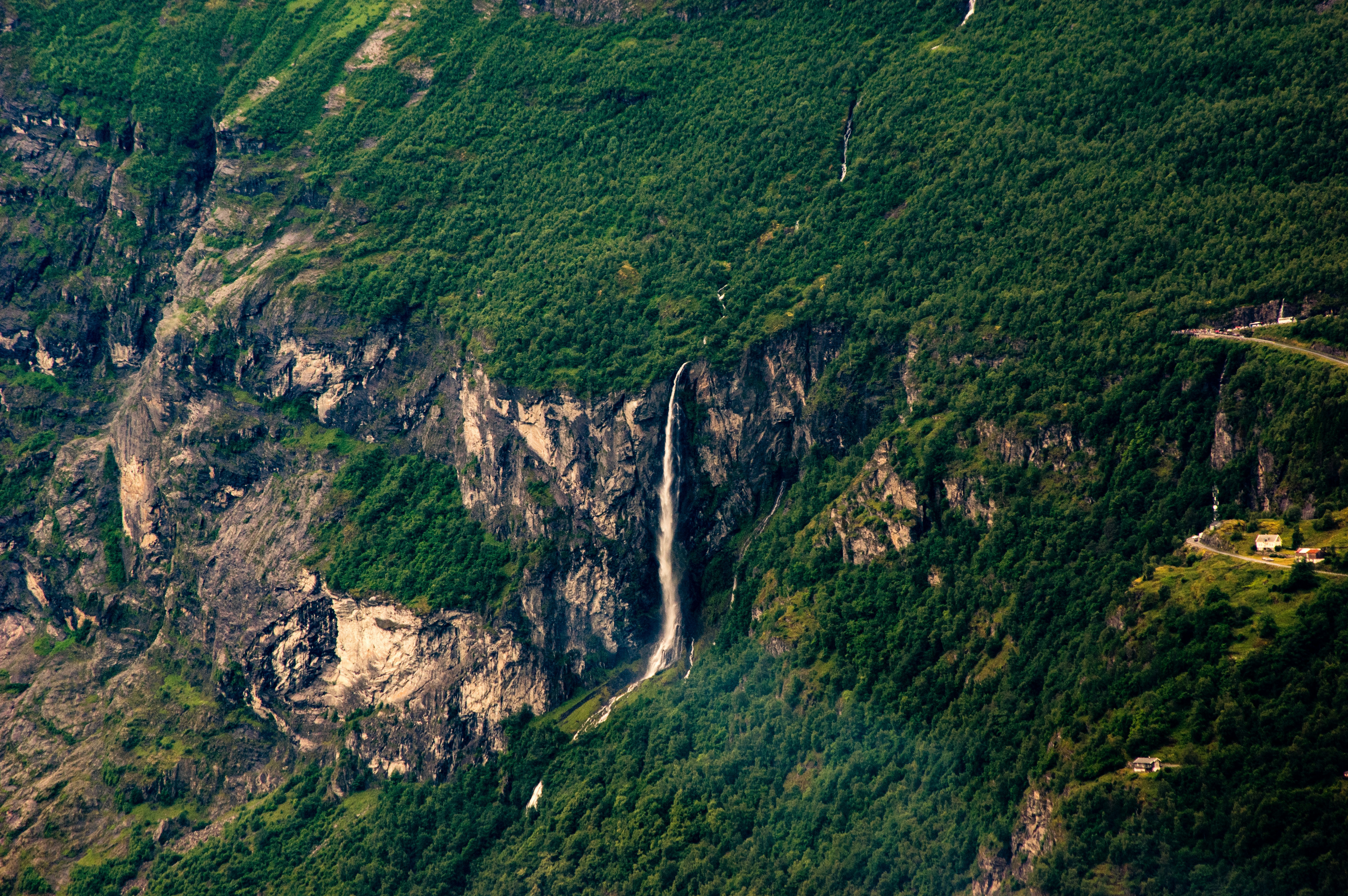 Waterfall on Forested Mountain Cliff