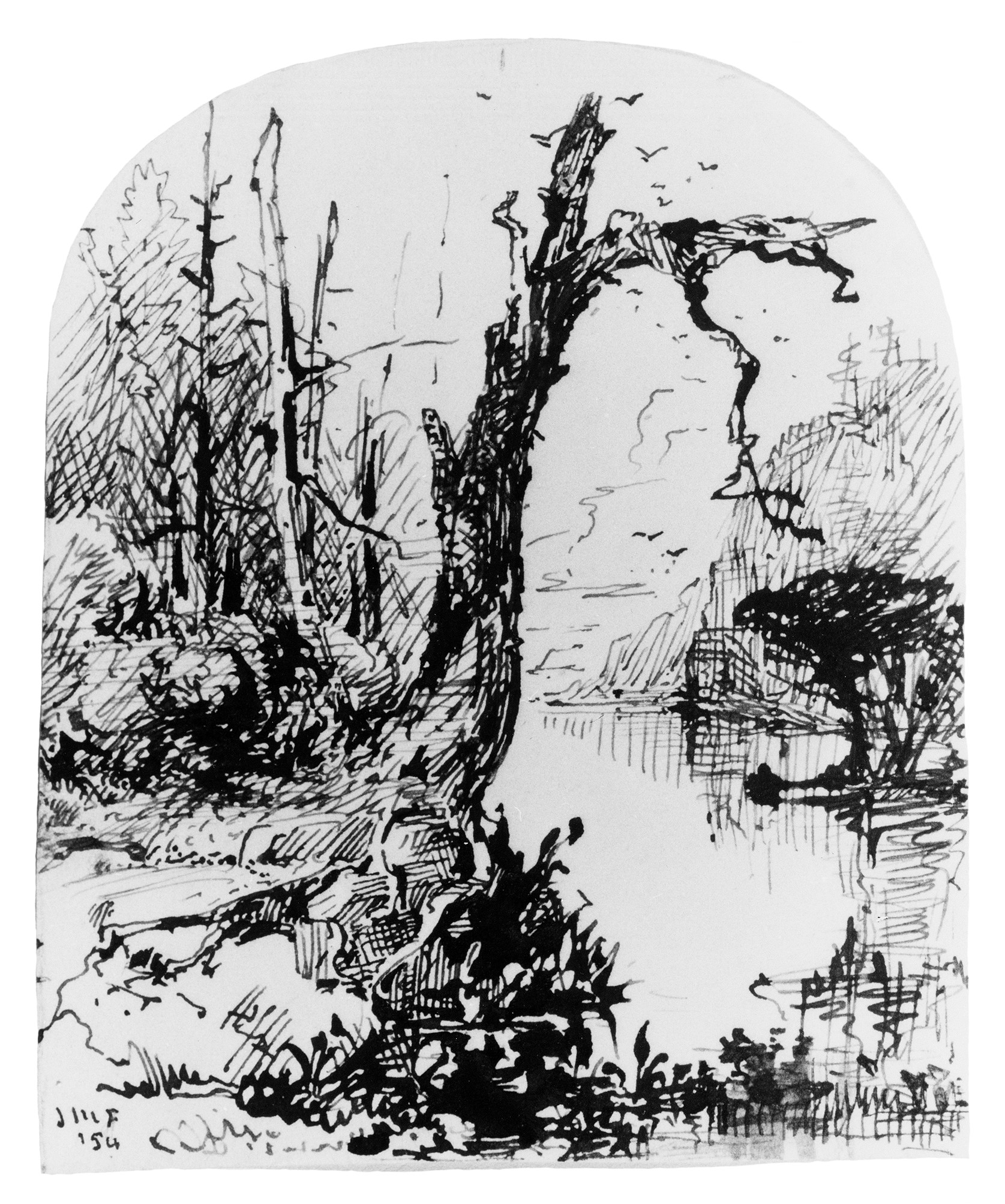 Ink Sketch of Riverside Forest Landscape