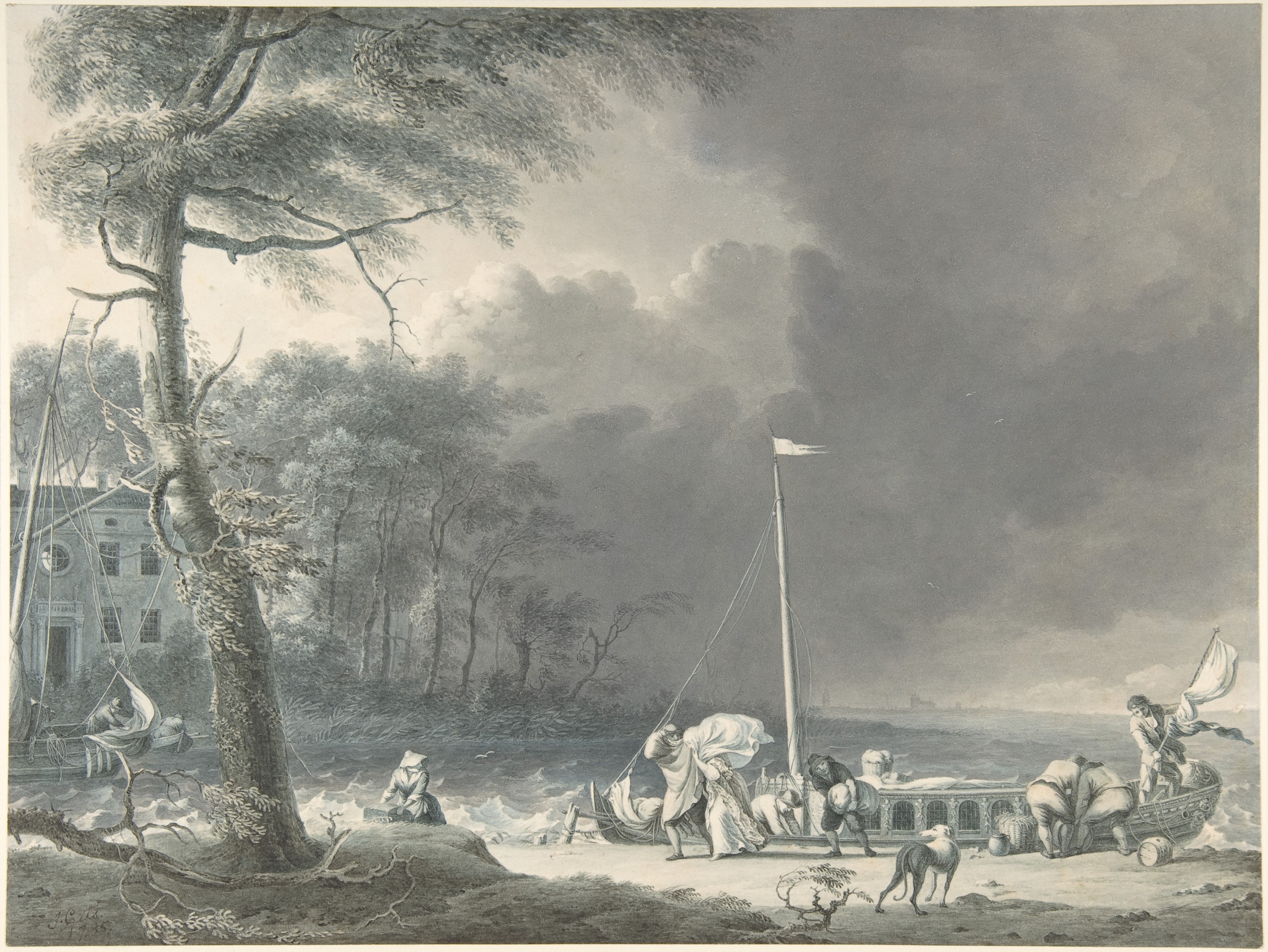 Stormy Riverbank Boat Unloading Scene