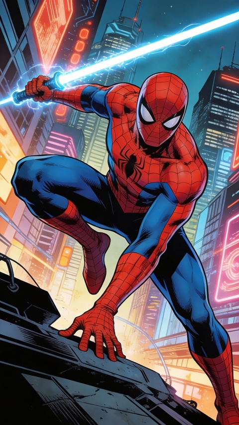 Spider-Man with Energy Sword in Neon City