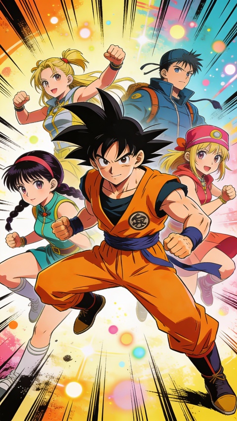 Goku and Anime Allies in Battle Stance