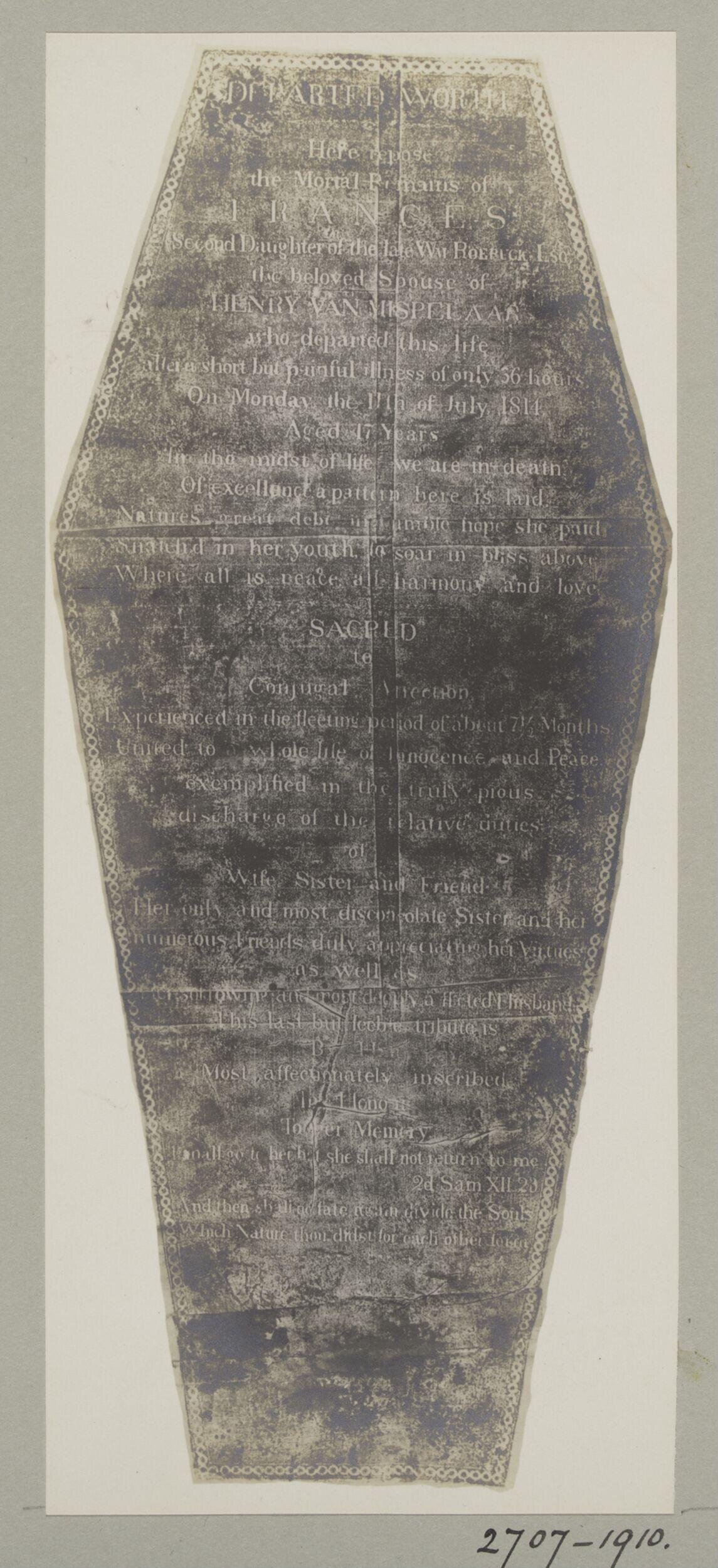 1811 Coffin-shaped Gravestone Rubbing