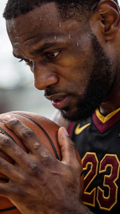 Sweating LeBron James Holding Basketball