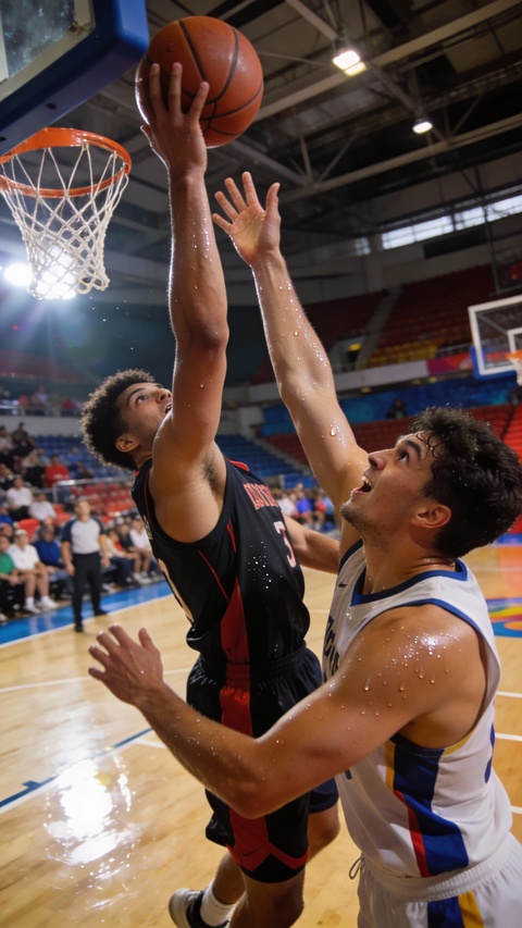 Basketball Players Competing Under Hoop