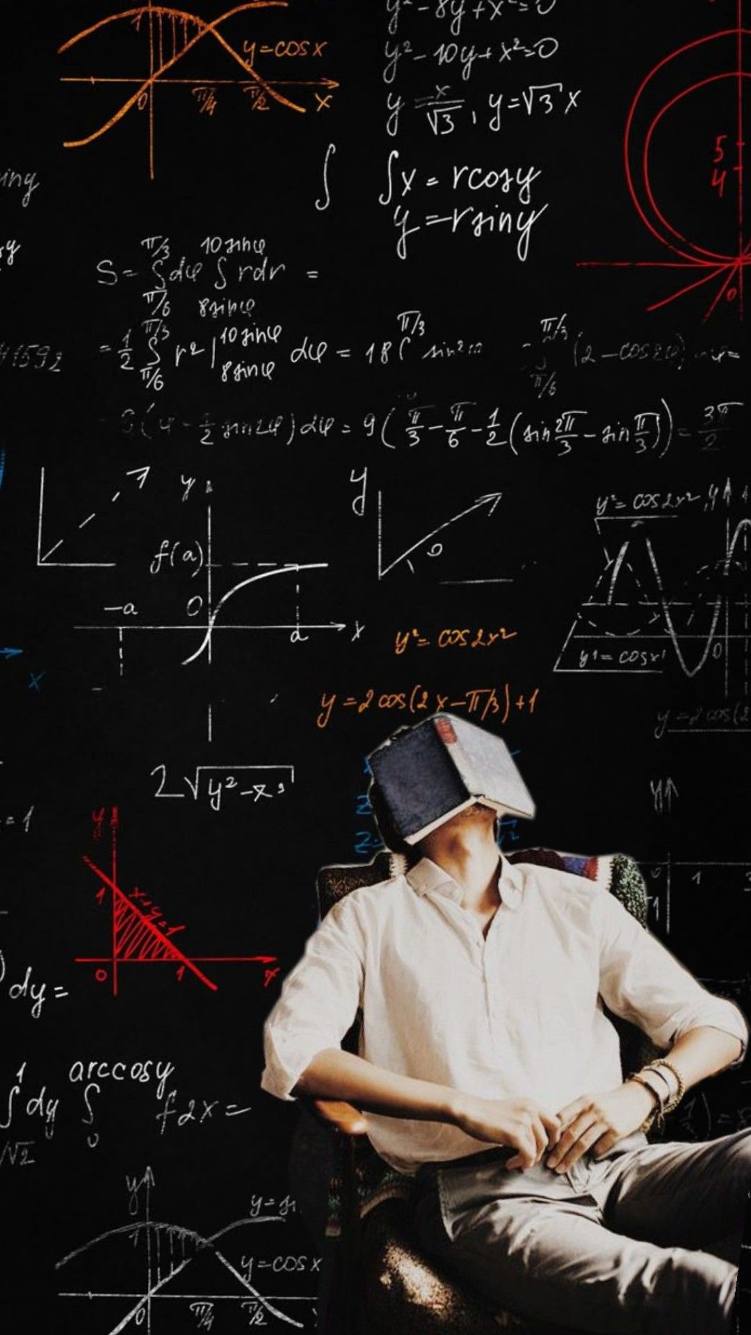 Book Covered Head Against Math Blackboard