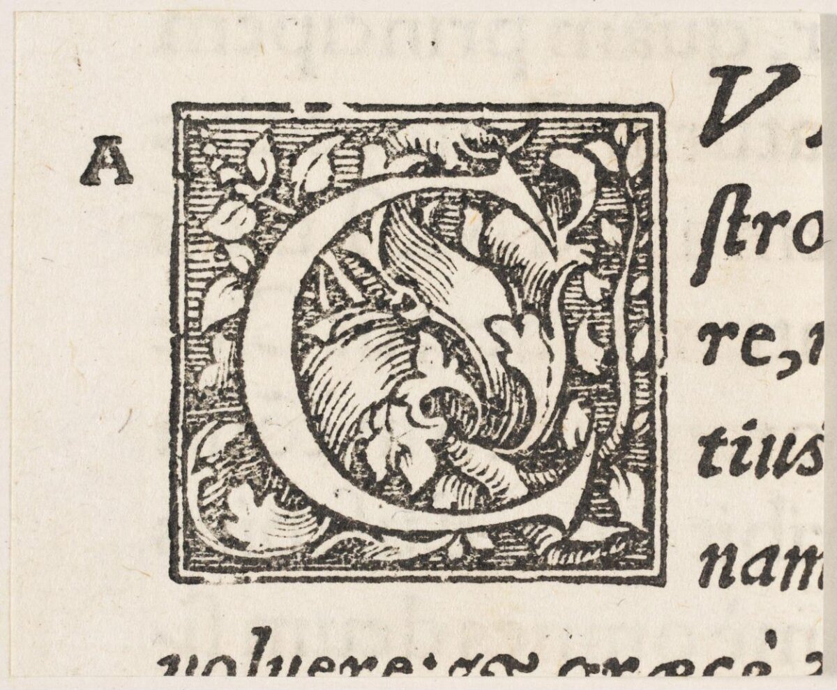 Woodcut Decorative Initial C on Old Print Page