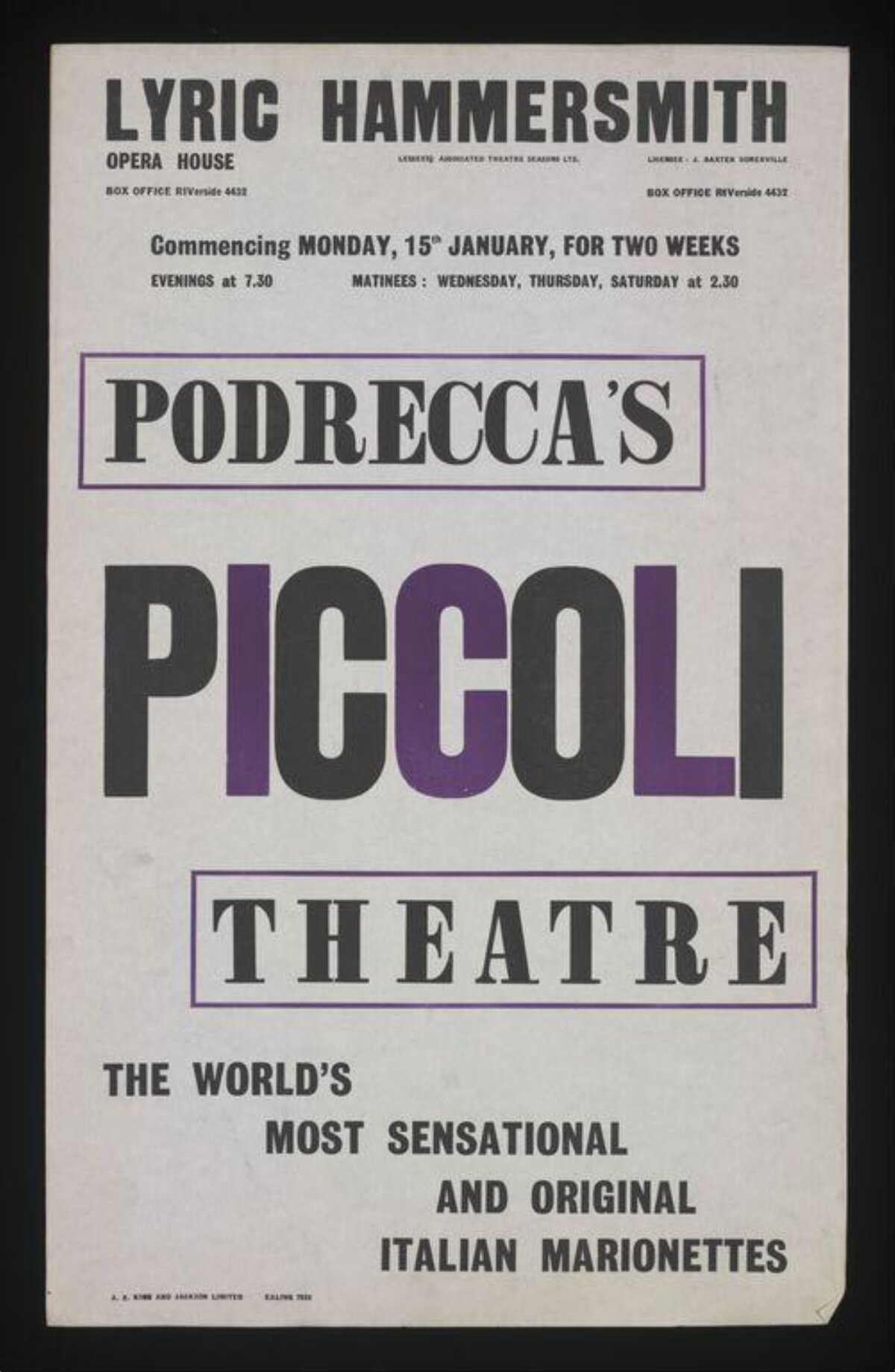 Vintage Piccoli Theatre Marionette Show Poster