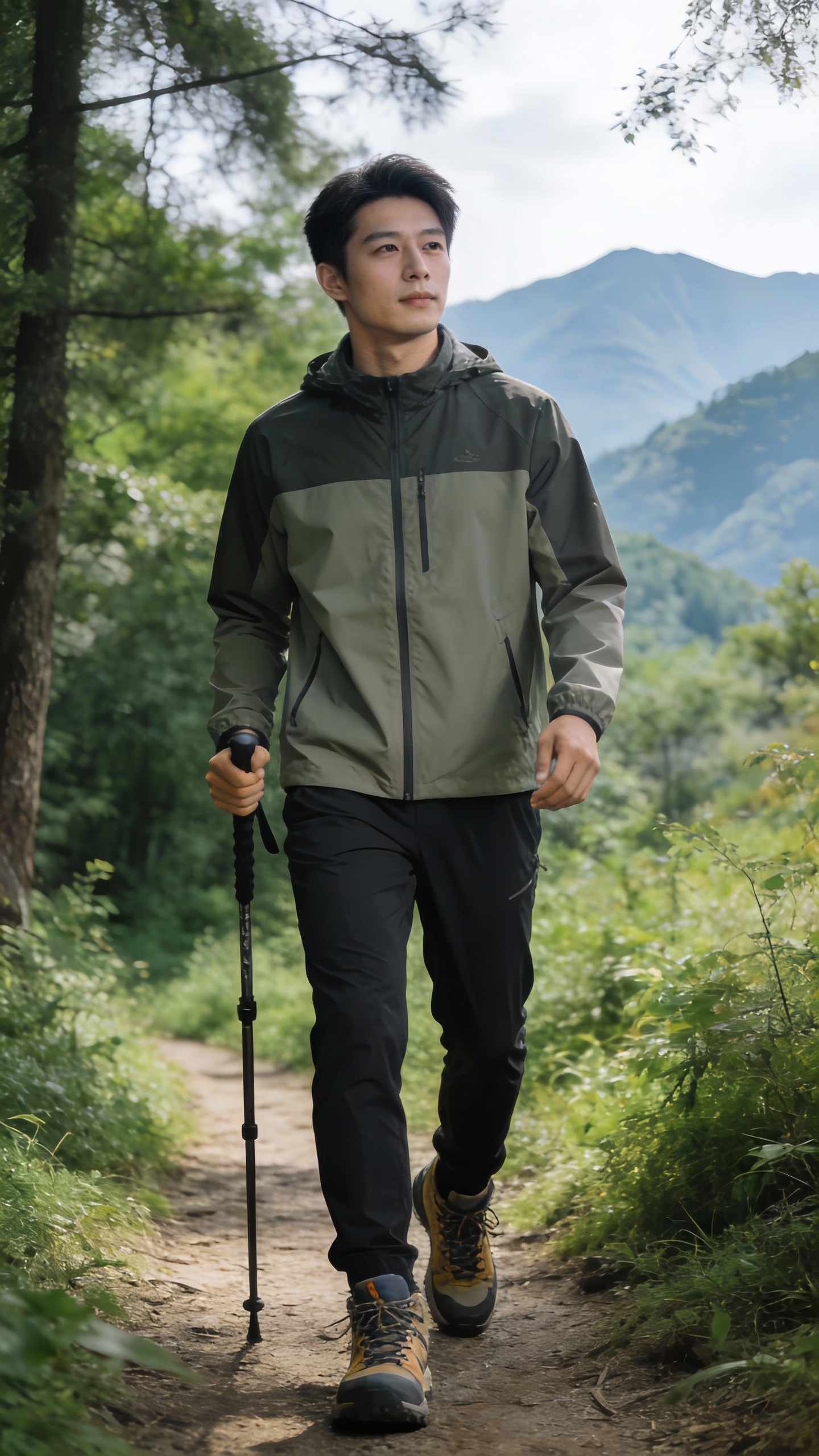 Man Hiking on Forest Mountain Trail