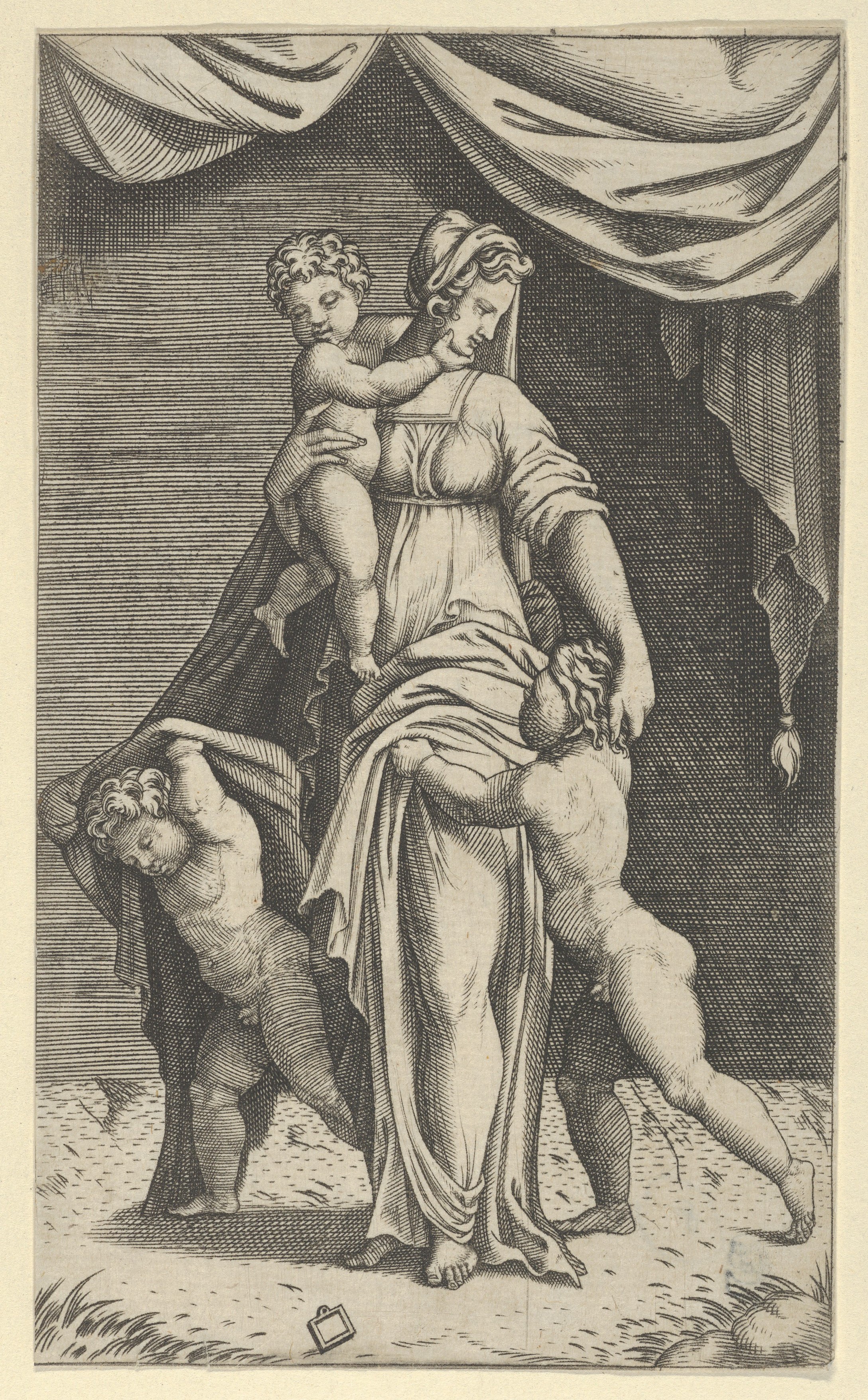 Engraving of Mother and Three Children