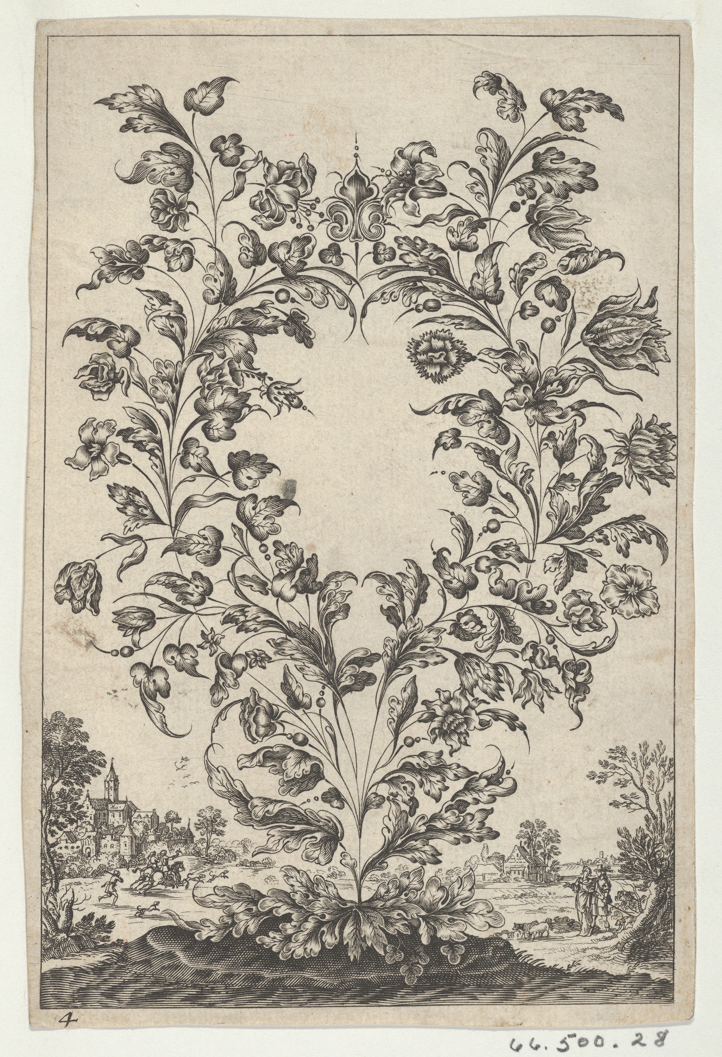 Ornamental Floral Engraving With Landscape