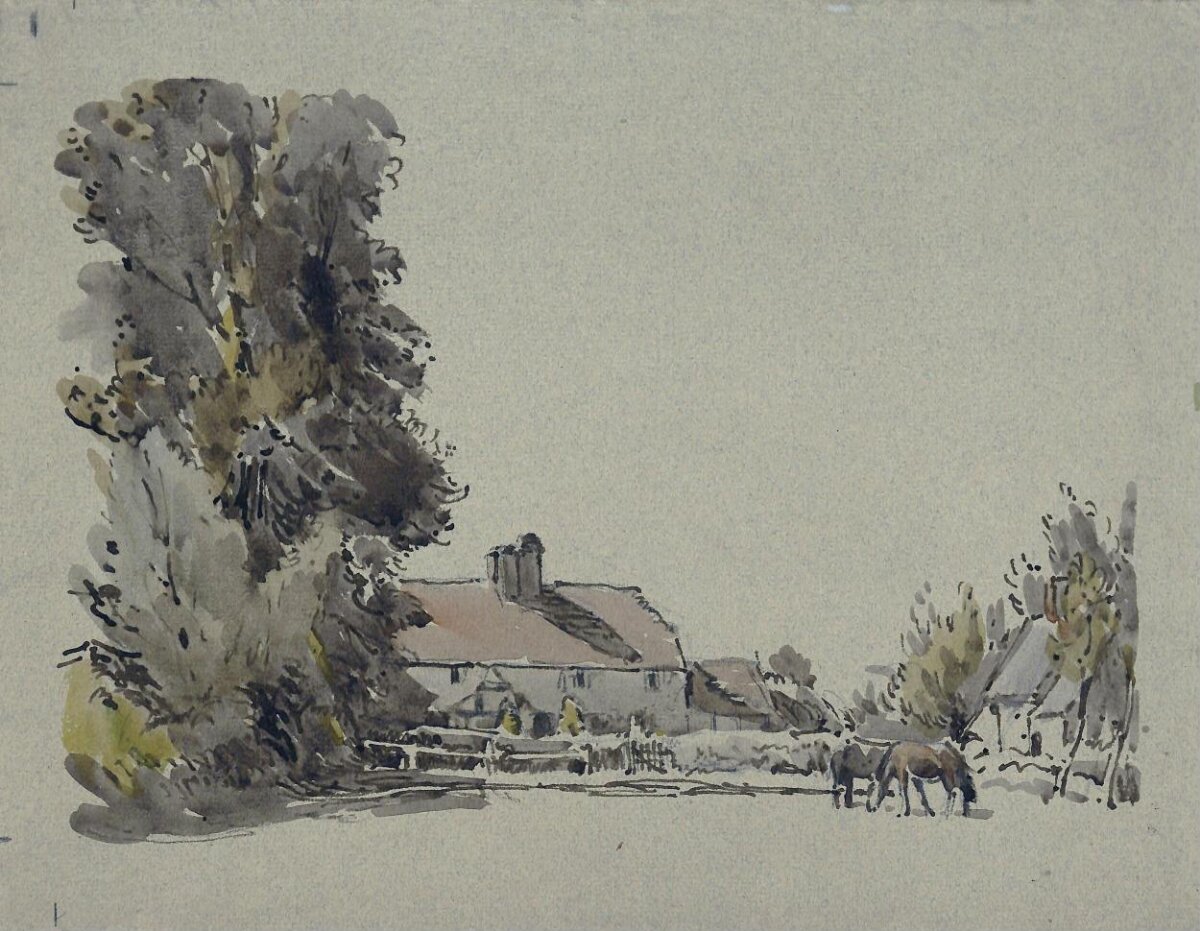 Watercolor Countryside Farm Scene