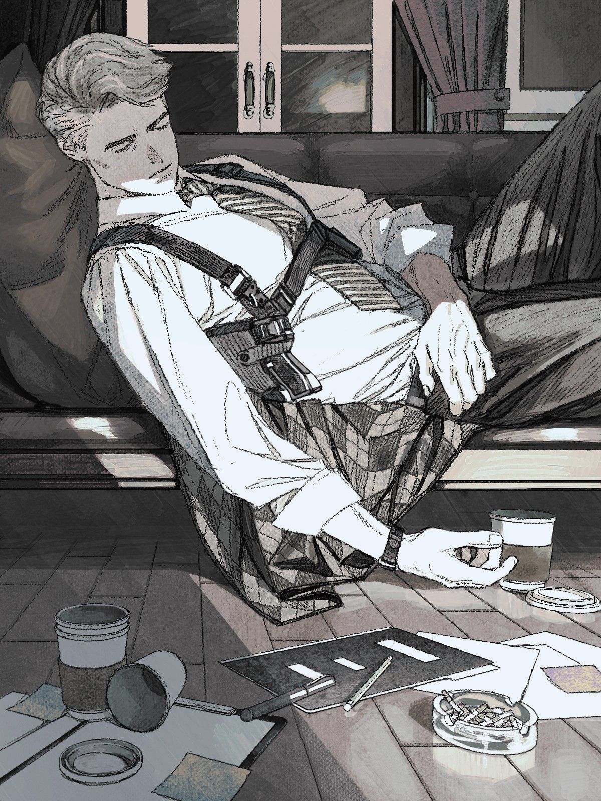 Man Resting Leaning Against Couch