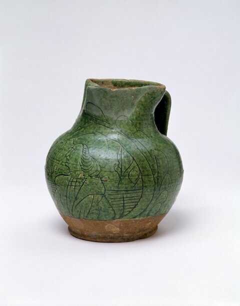 Green Glazed Carved Pottery Jug
