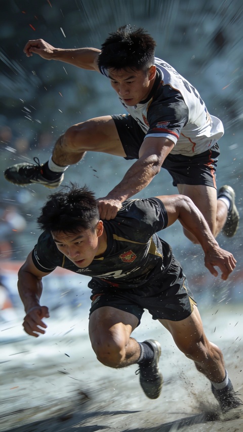 Rugby Players Competing on Muddy Field