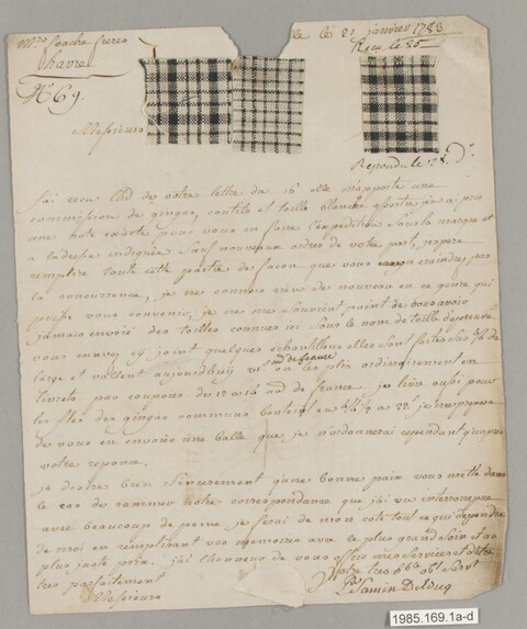 1785 French Letter With Fabric Samples
