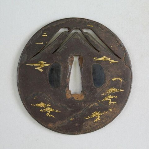 Iron Tsuba with Fuji Mountain Carving