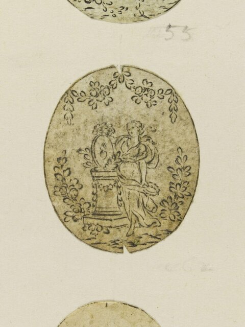 Oval Pen Sketch of Woman by Floral Altar