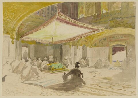 Gathering in an Ornate Shrine Interior