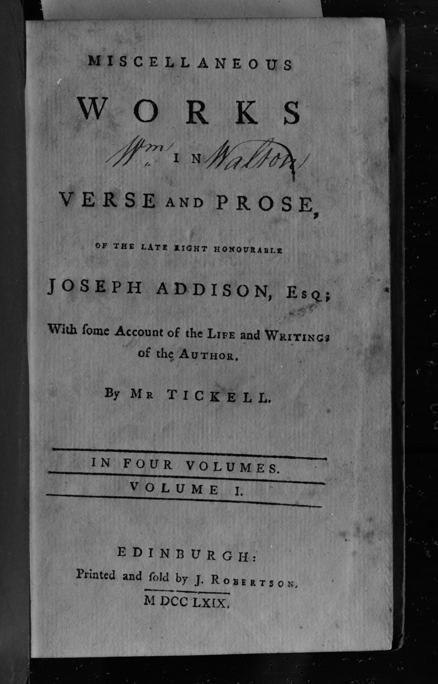 1769 Joseph Addison Works Title Page