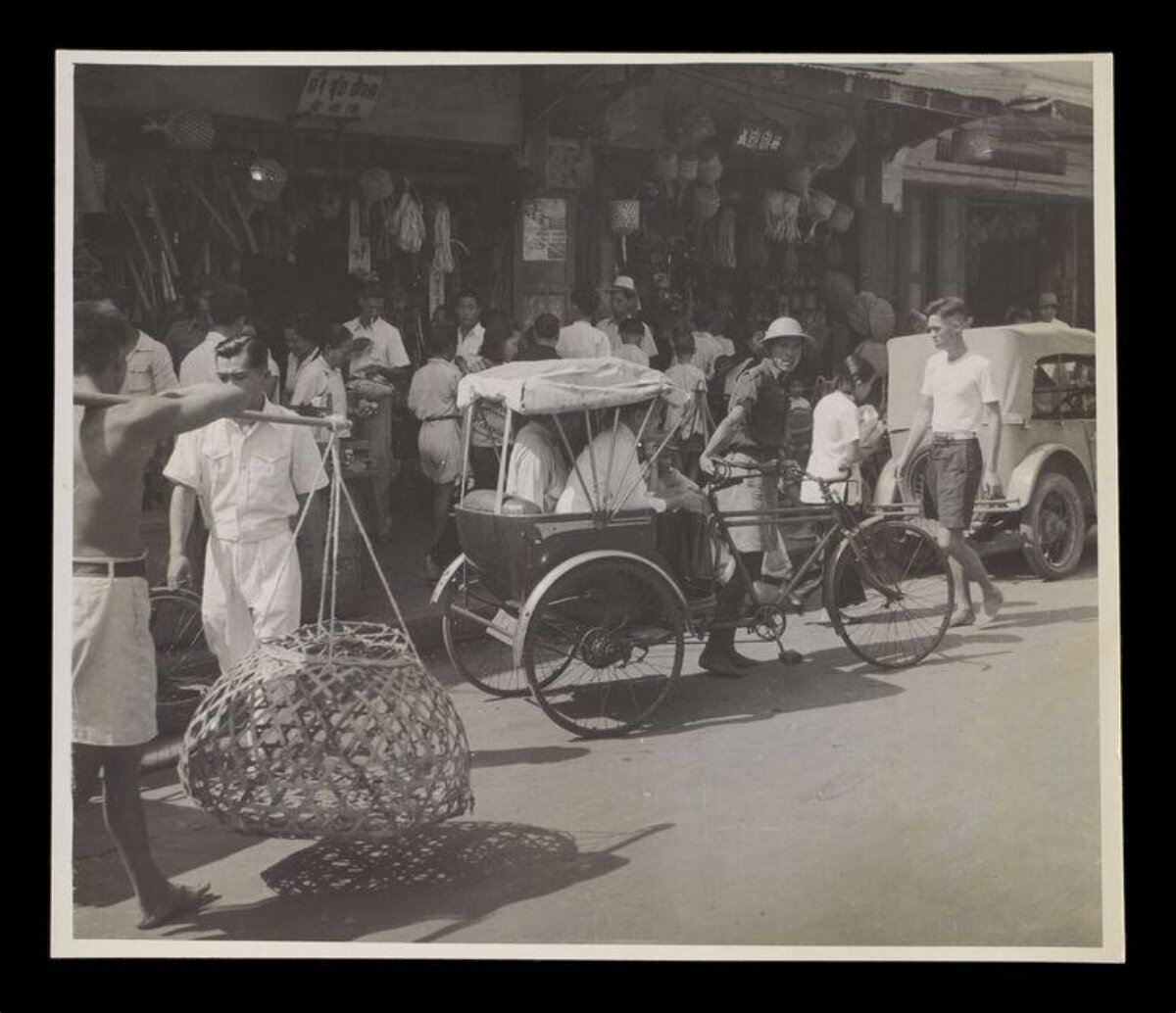 Vintage Busy Street Market Scene