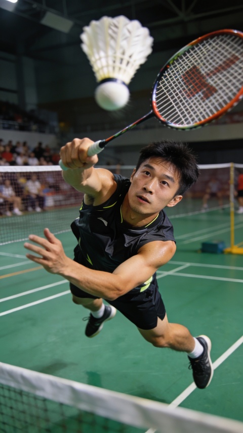 Badminton Player Lunging to Hit Shuttle