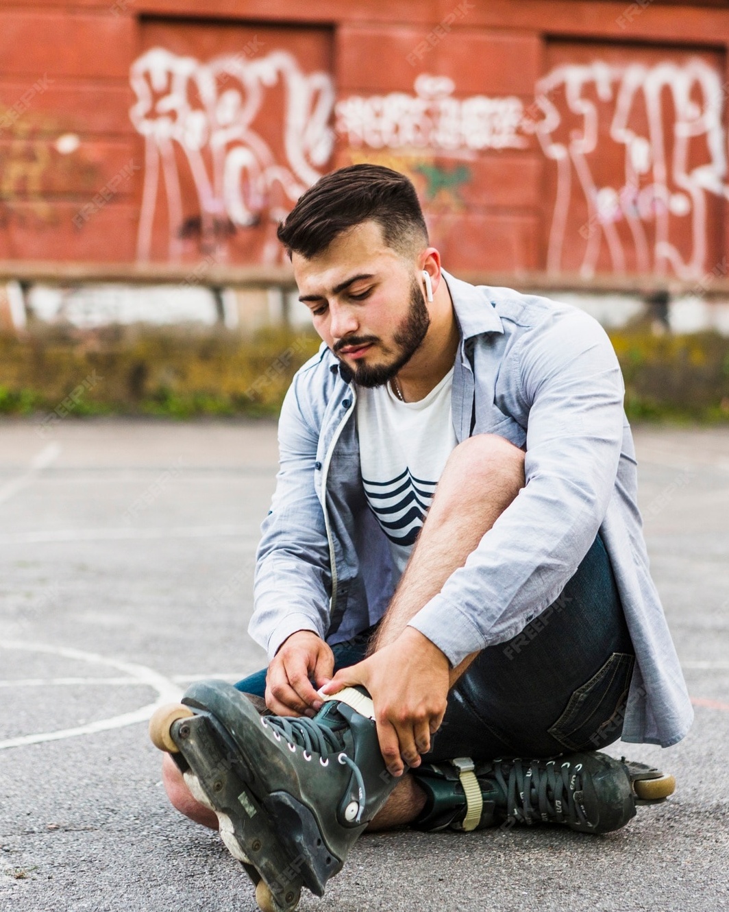 Man Adjusting Inline Skates Outdoors