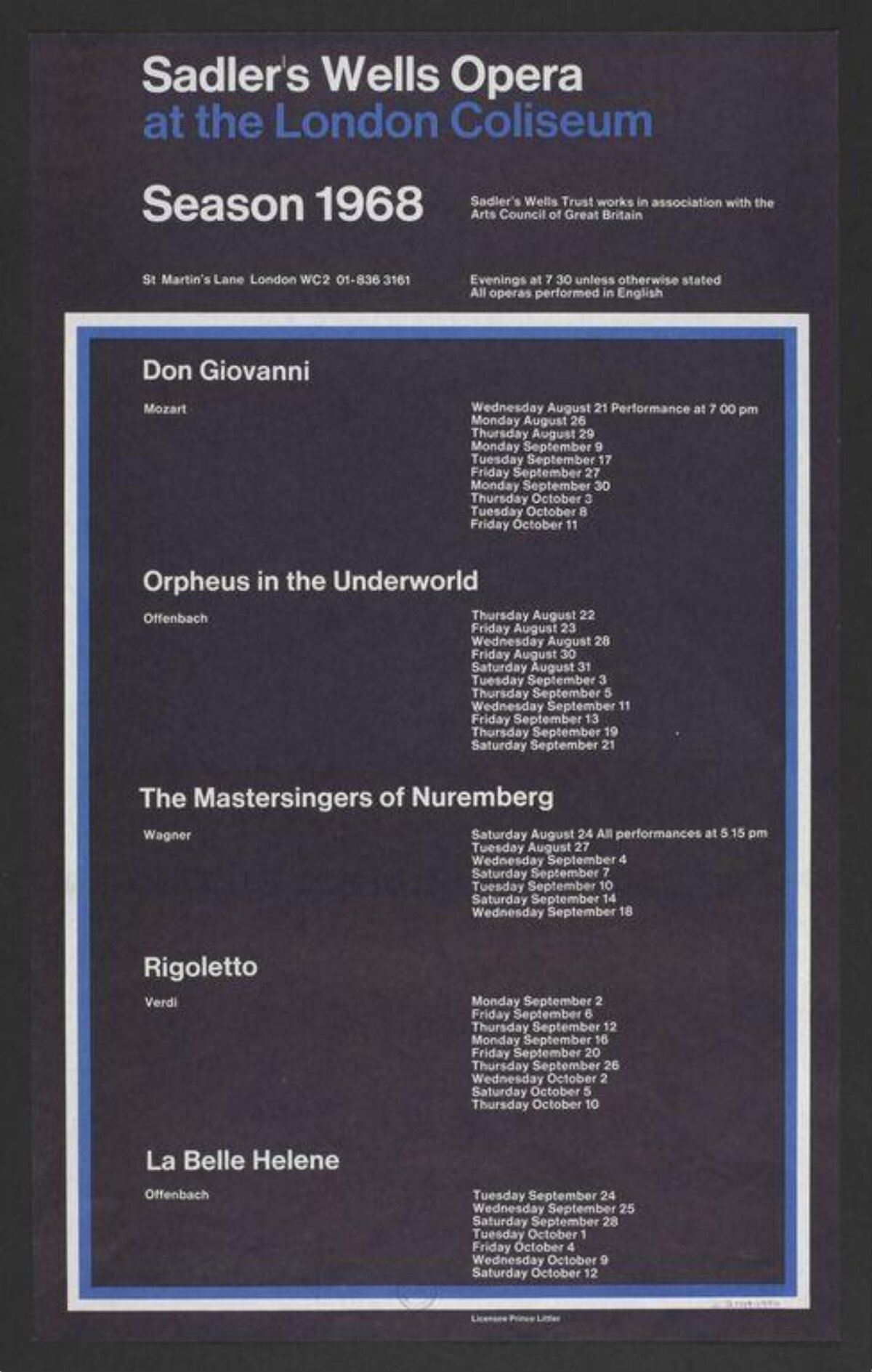 1968 Sadler's Wells Opera Season Poster