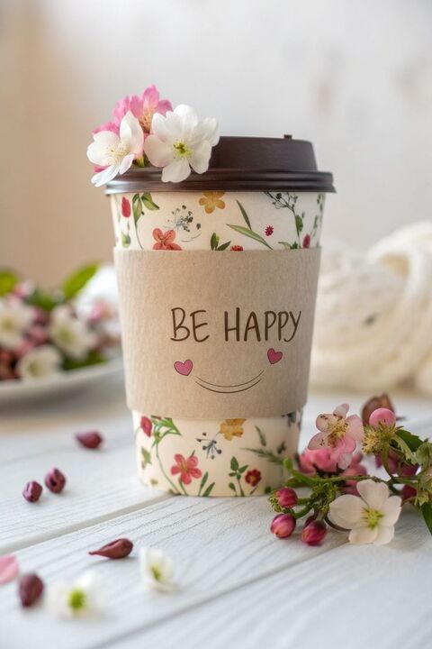Be Happy Floral Coffee Cup