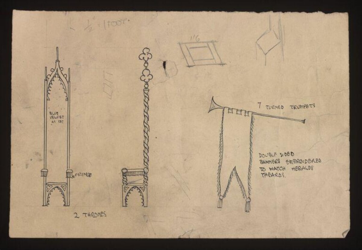 Prop Design Sketches of Thrones and Trumpets
