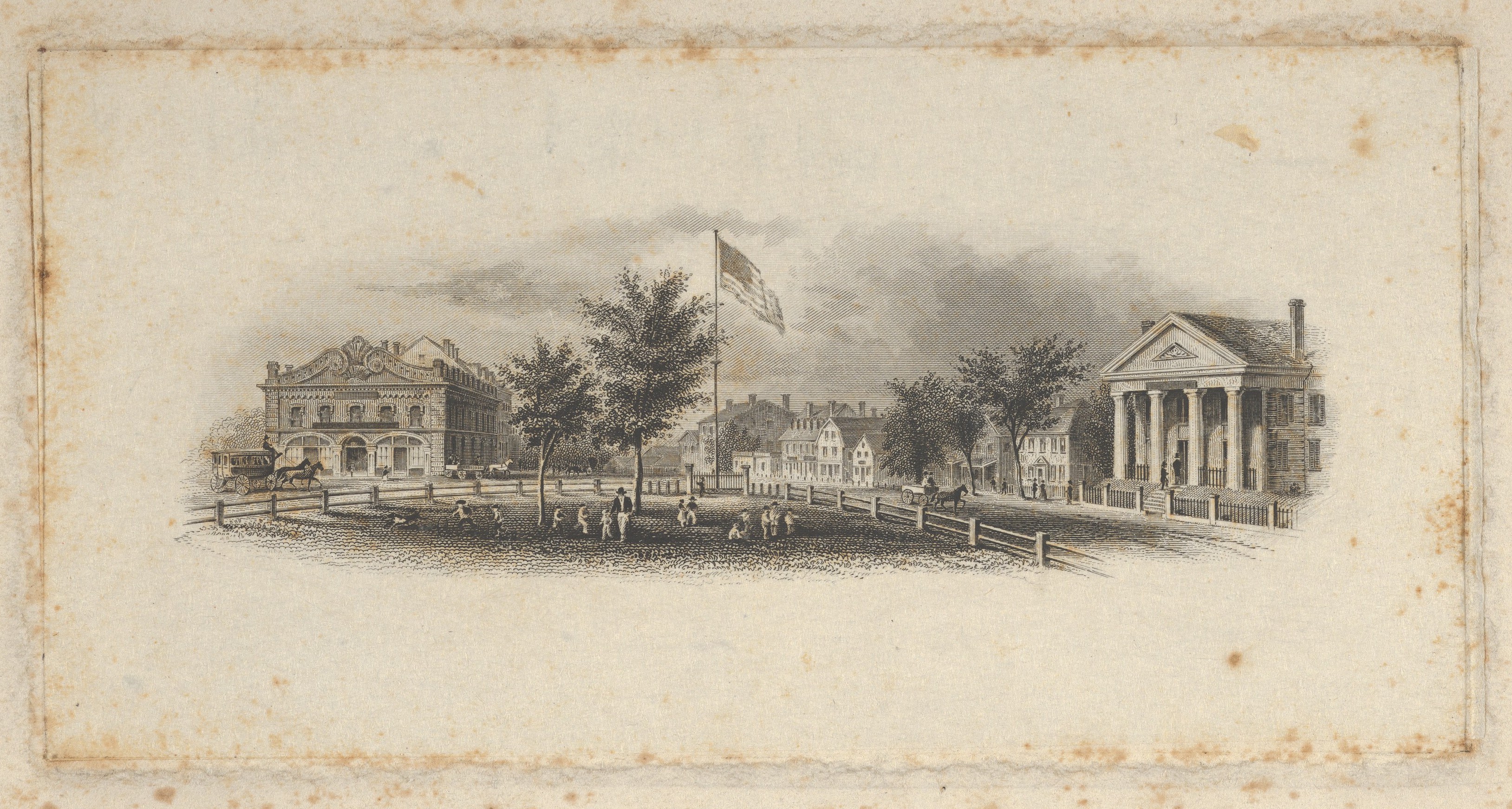 Vintage American Town Green Engraving