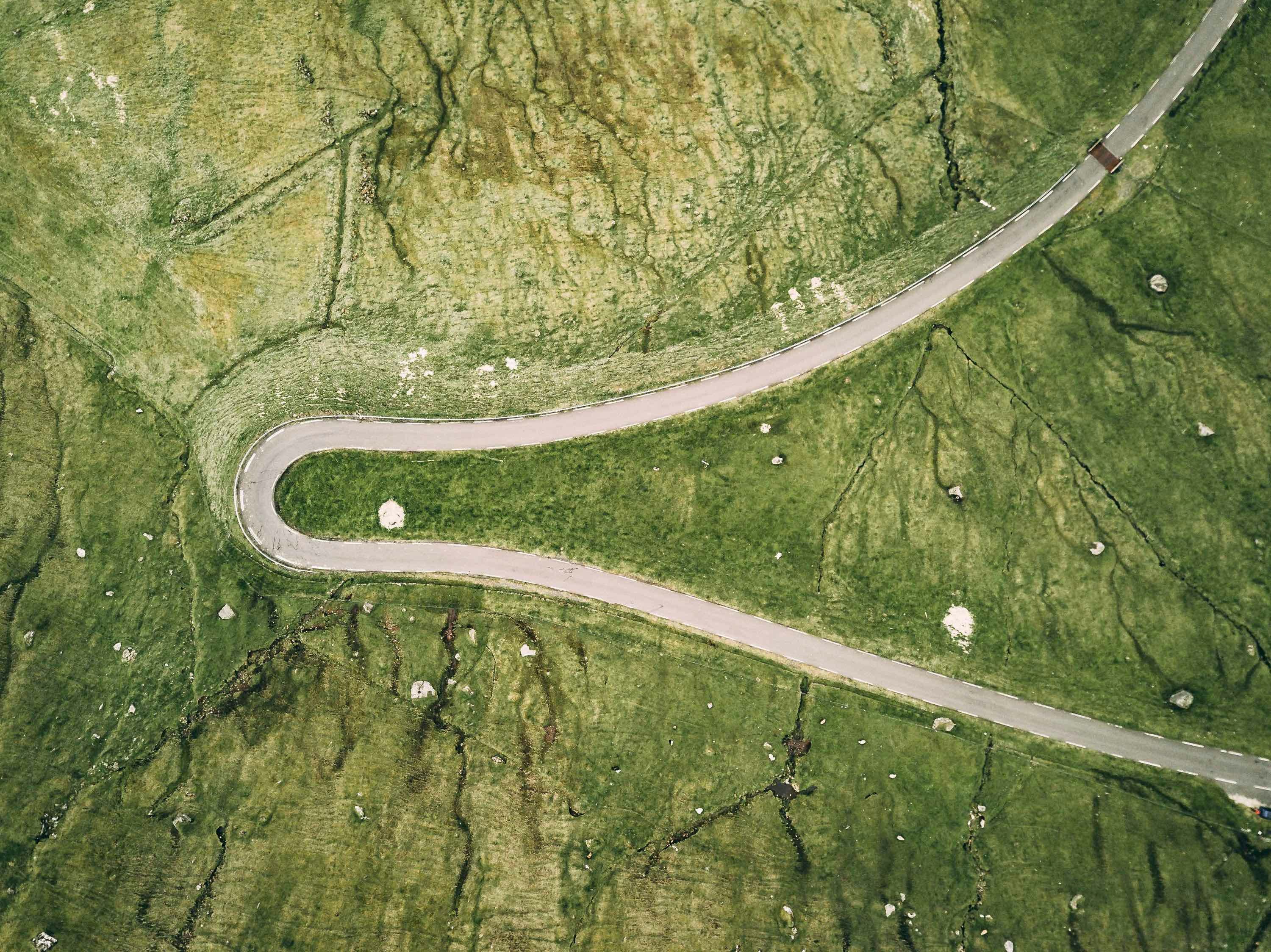 Aerial View of Winding Road on Grassland
