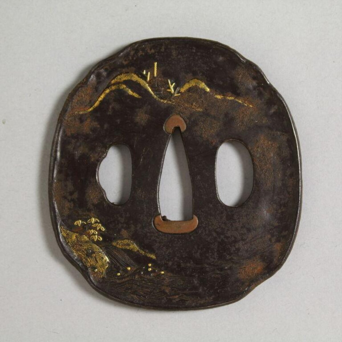 Iron Tsuba with Gold Landscape Inlay