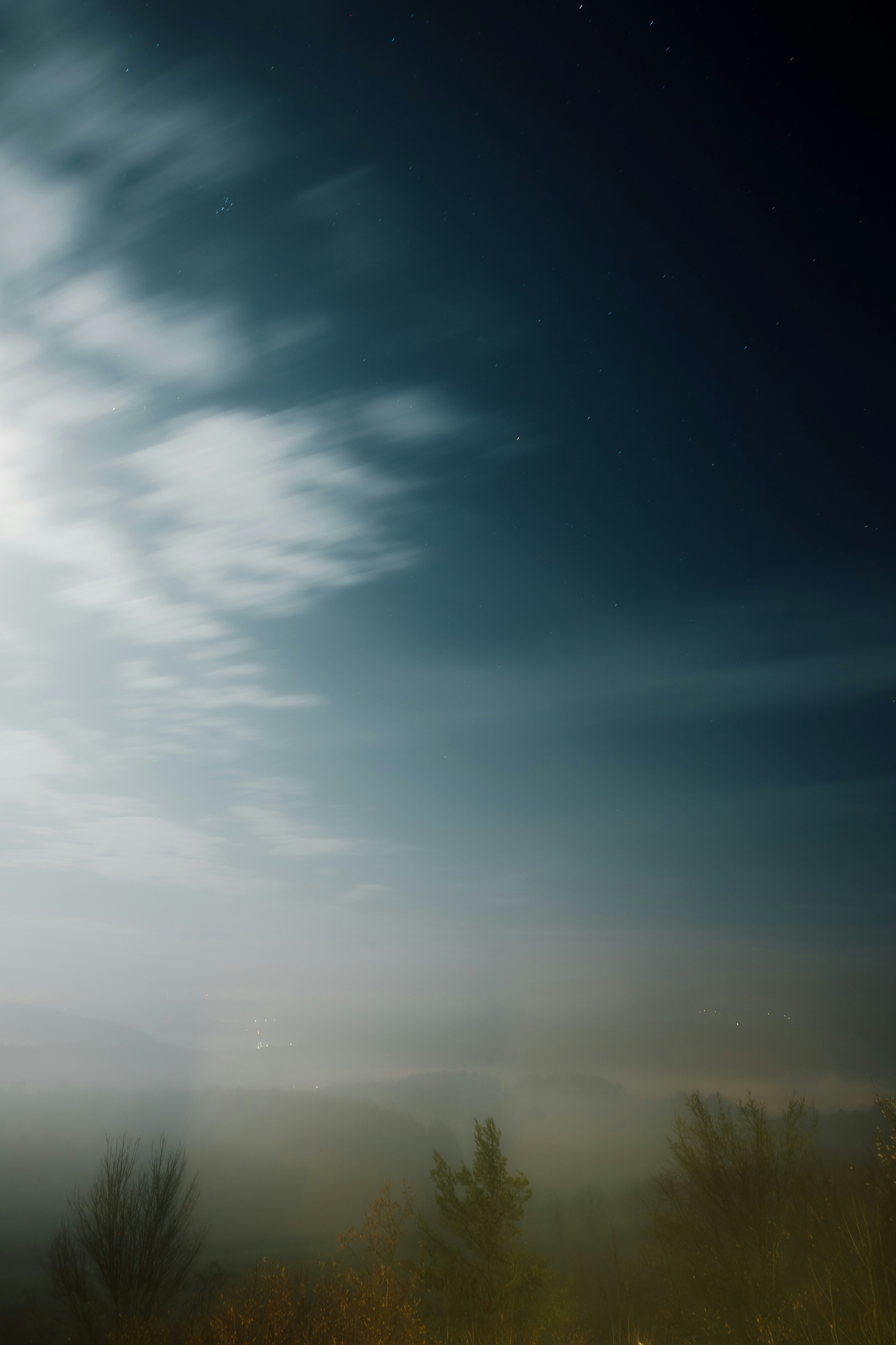 Misty Night Landscape With Starry Sky