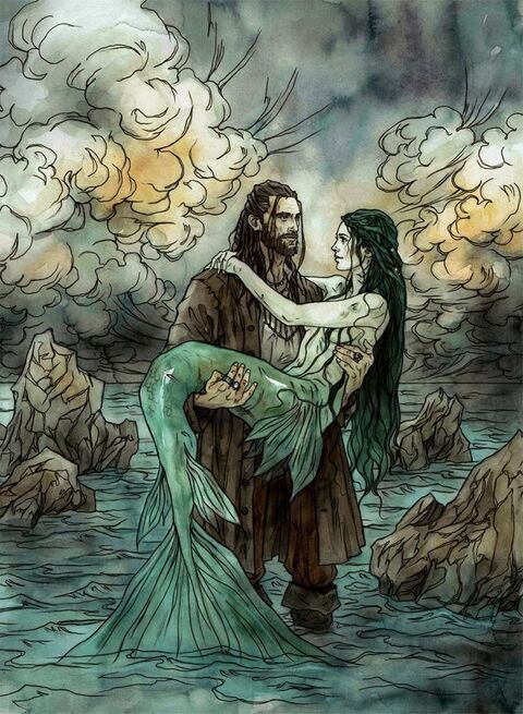 Man Carrying Mermaid by Stormy Sea