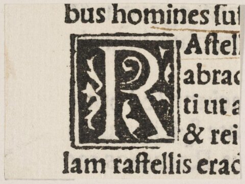 Decorated Woodcut Initial R on Antique Print