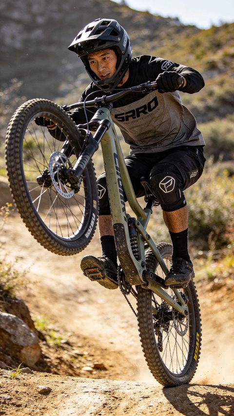 Downhill Mountain Biker on Dirt Trail