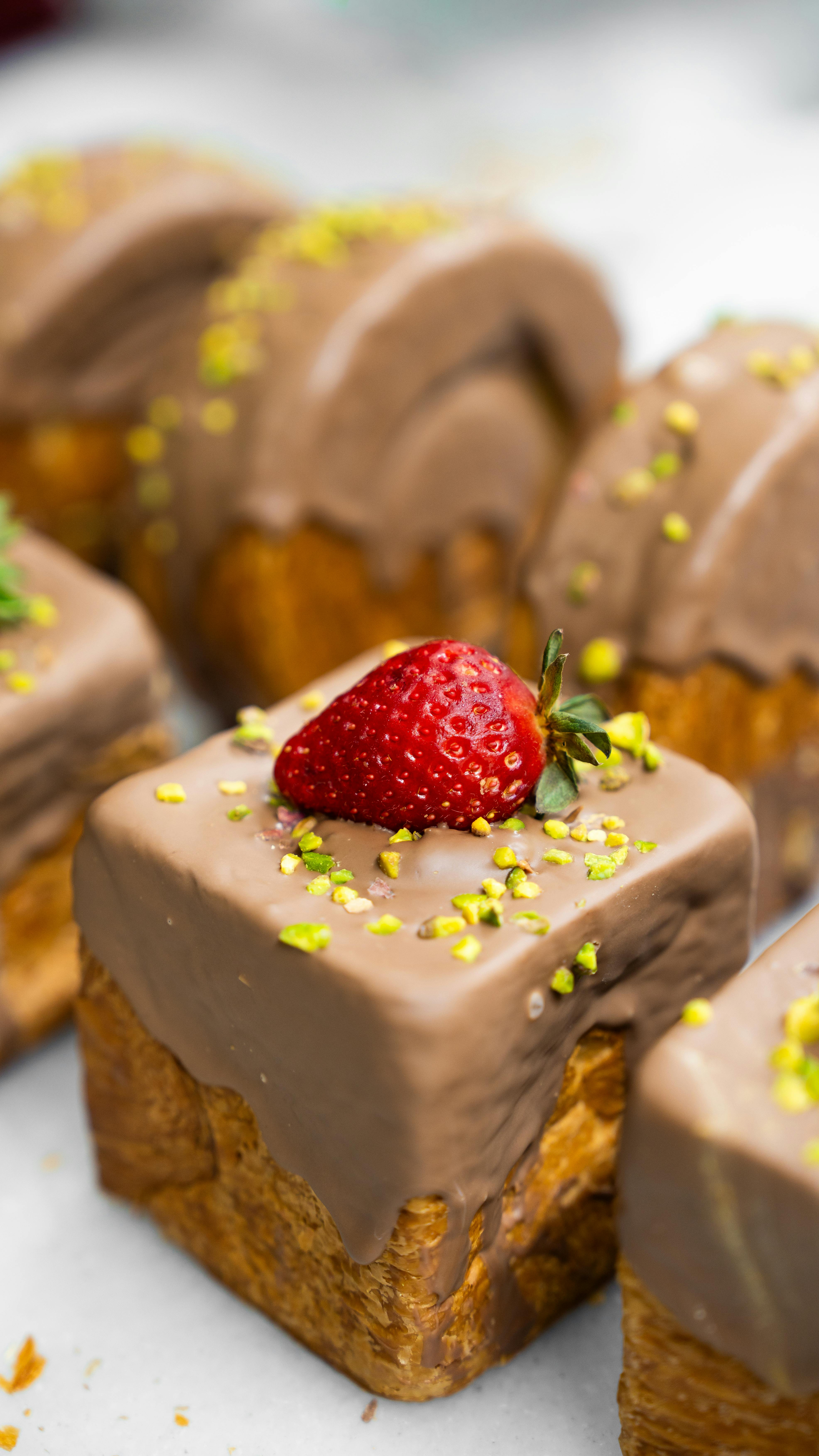 Chocolate Glazed Cubed Pastries with Strawberry
