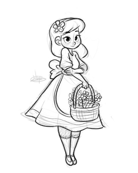 Sketch of Girl with Flower Basket