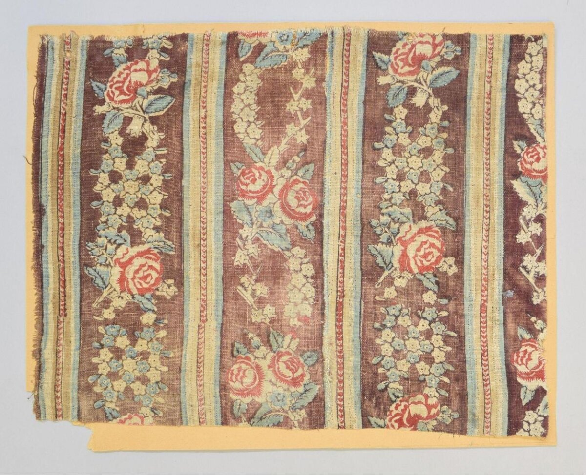 Antique Floral Striped Fabric Fragment