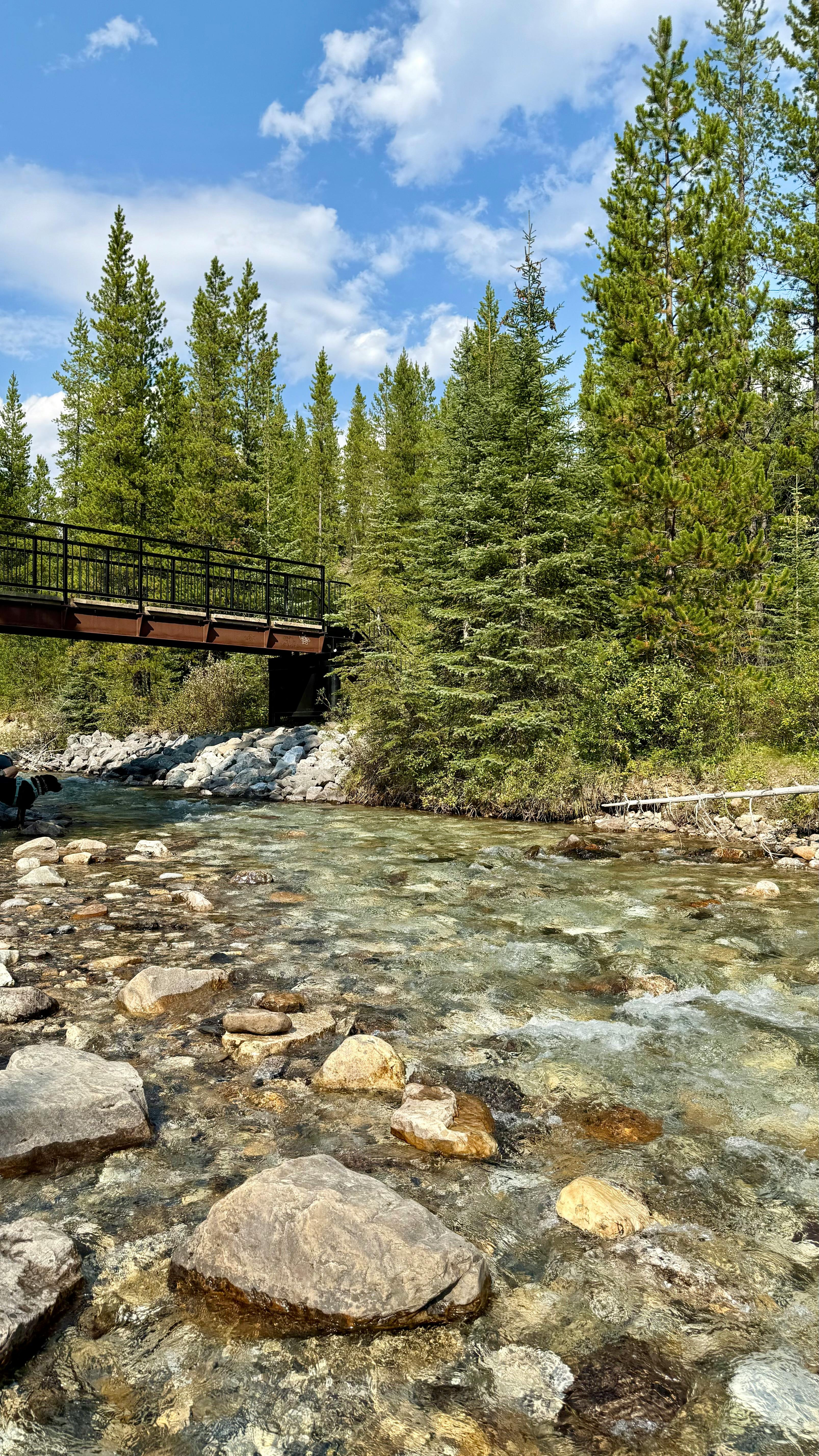 Clear Mountain River with Footbridge