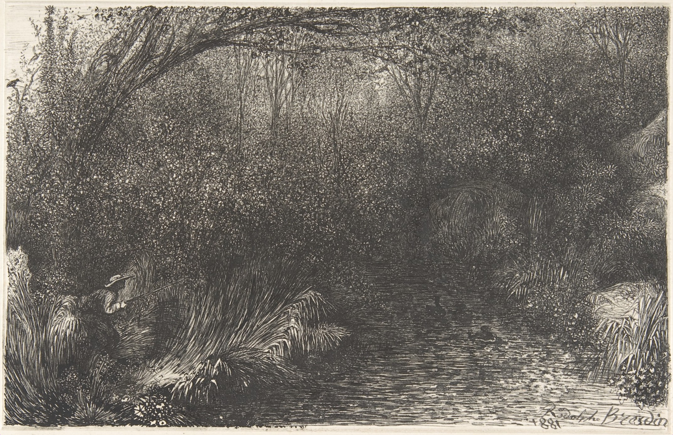 Fisherman by Forest Stream Etching