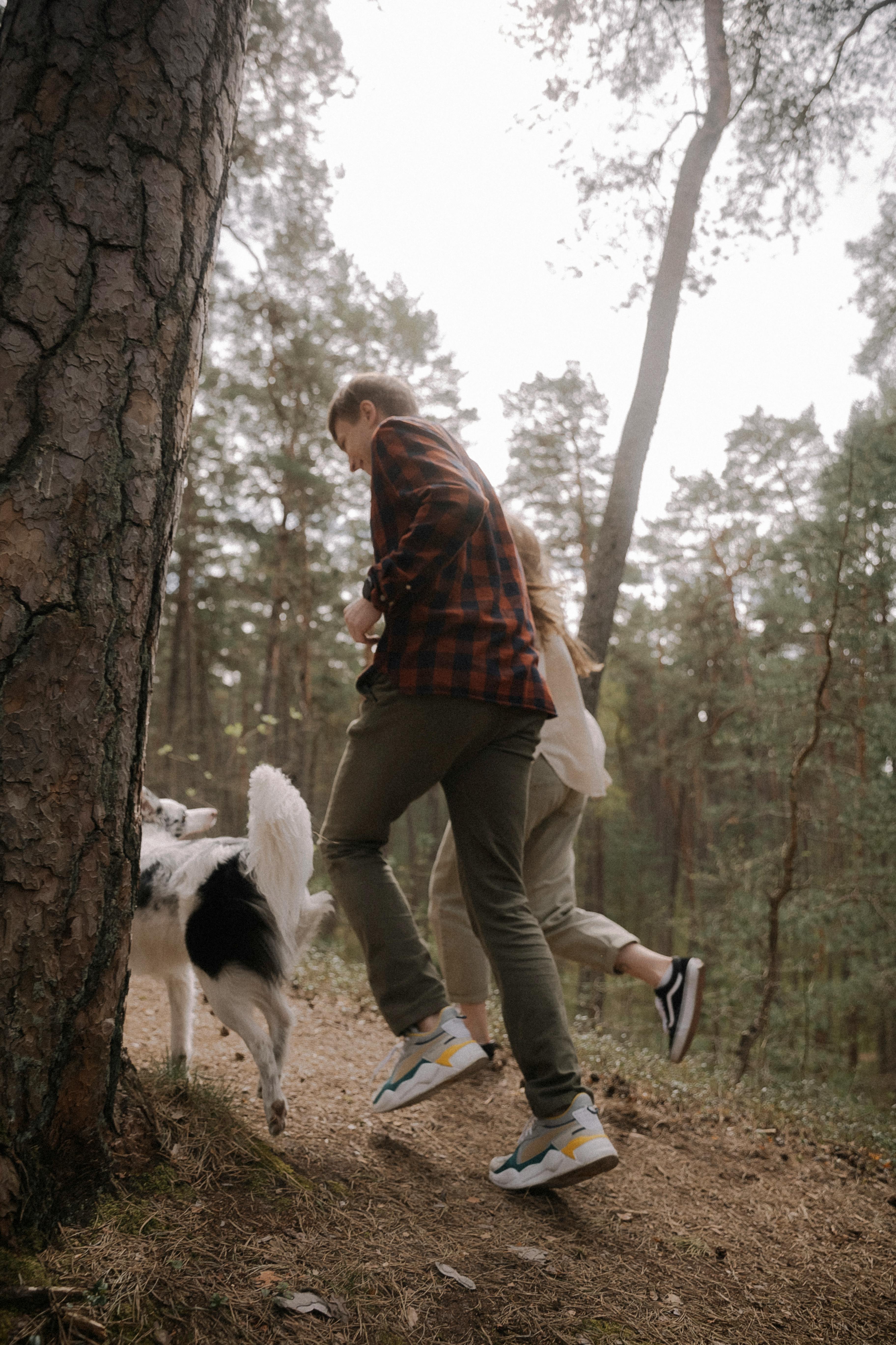 Two People and Dog Hiking in Forest