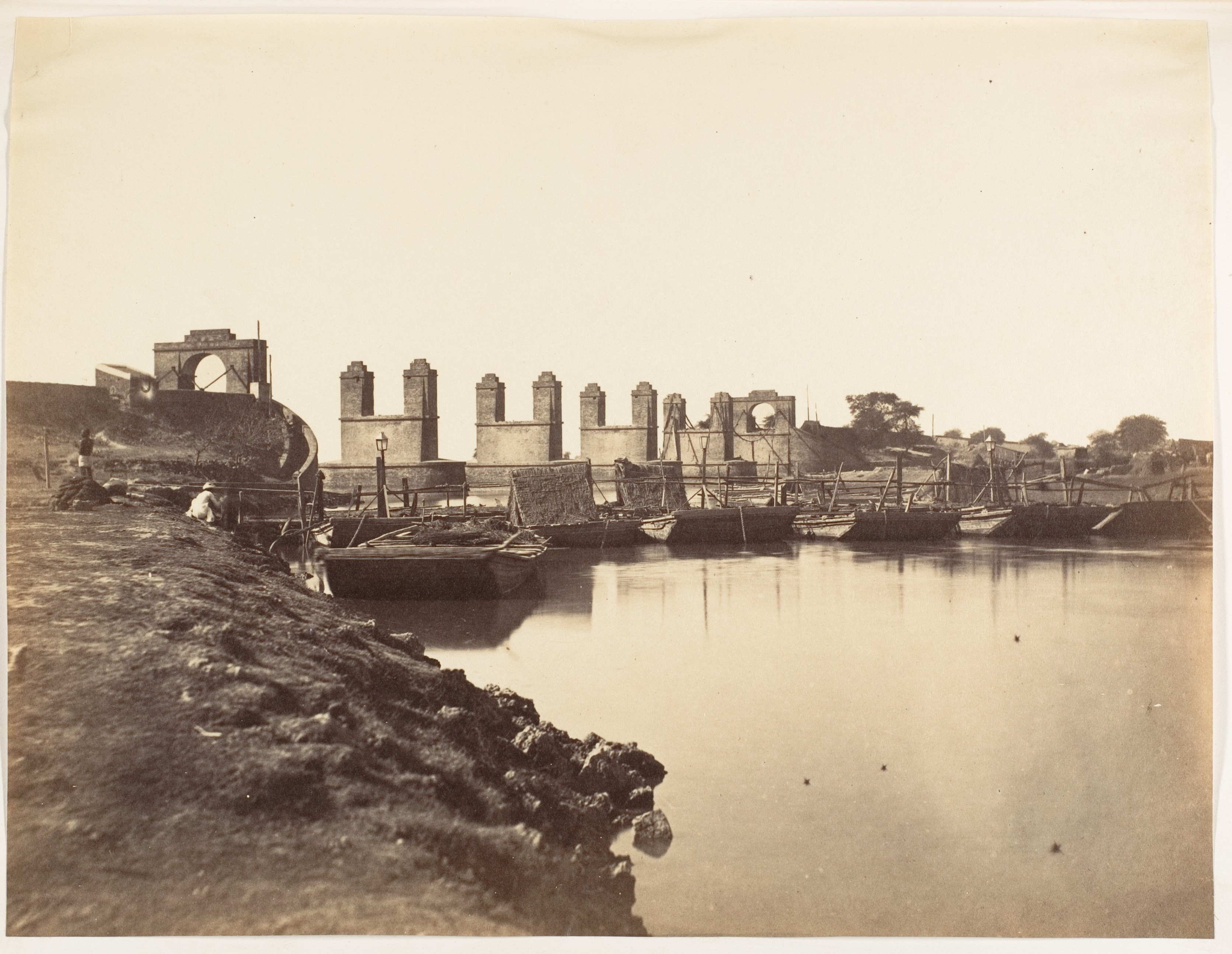 Vintage Pontoon Bridge River Scene