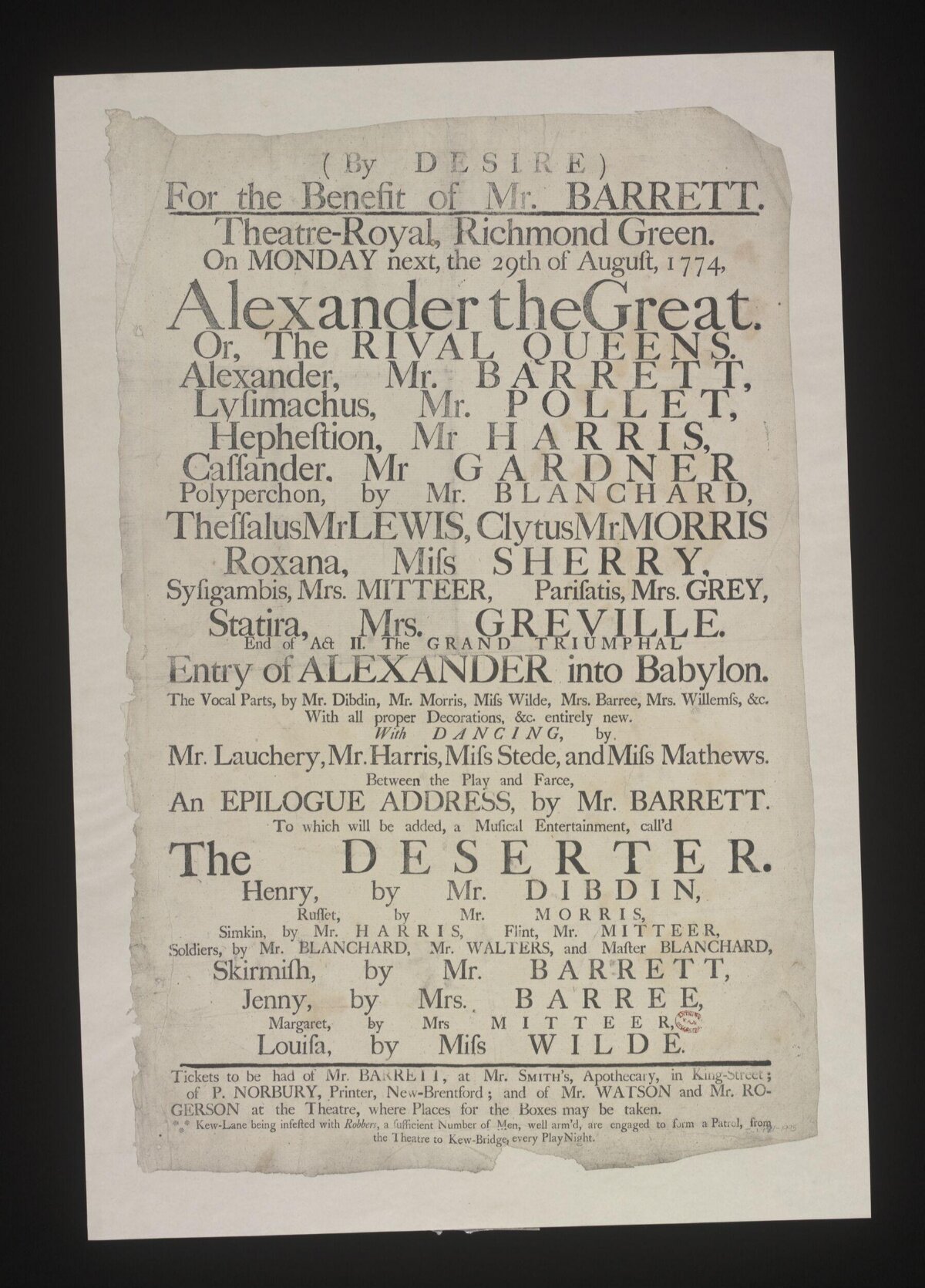 1774 Theatre Royal Playbill
