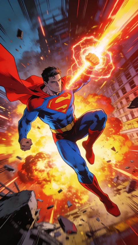 Superman Firing Energy Blast Amid Explosion