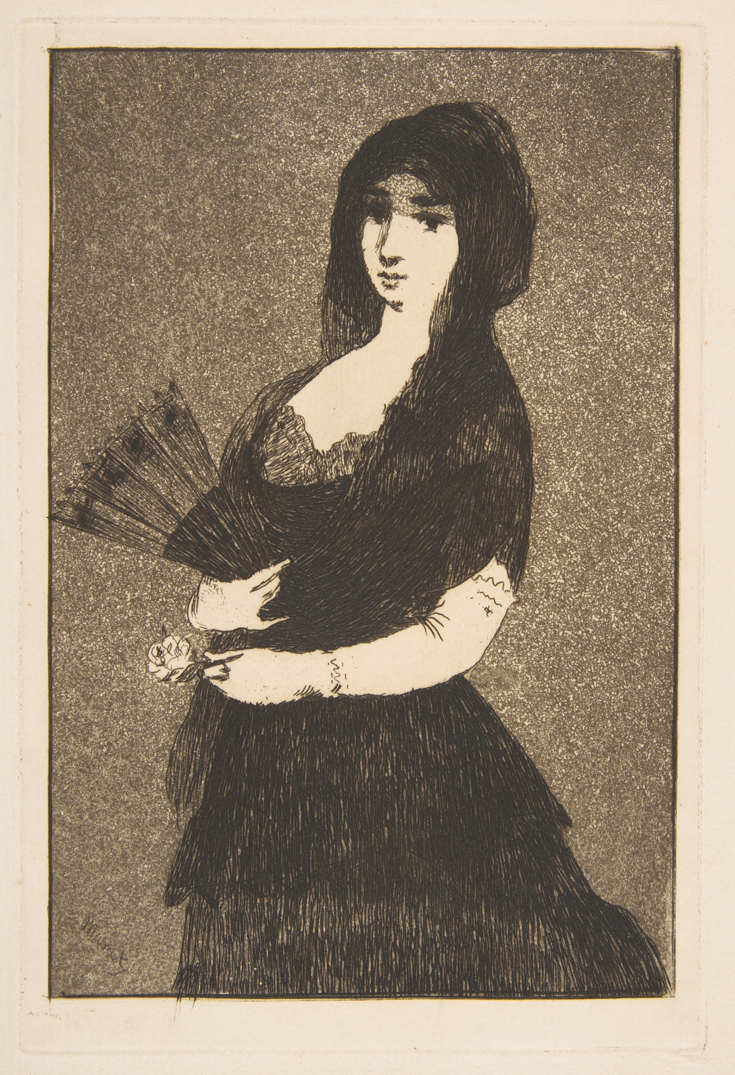 Portrait Etching of Woman with Fan and Rose