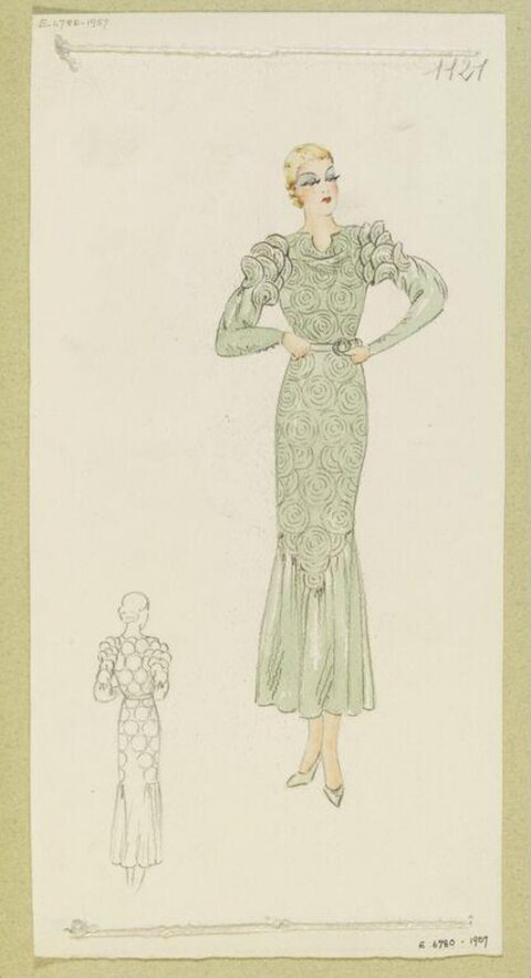 Vintage Green Dress Fashion Sketch