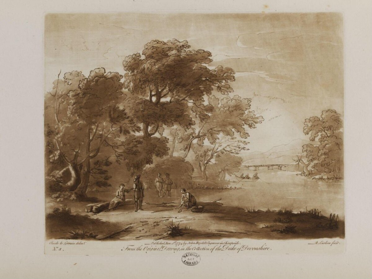 Sepia River Landscape with Figures