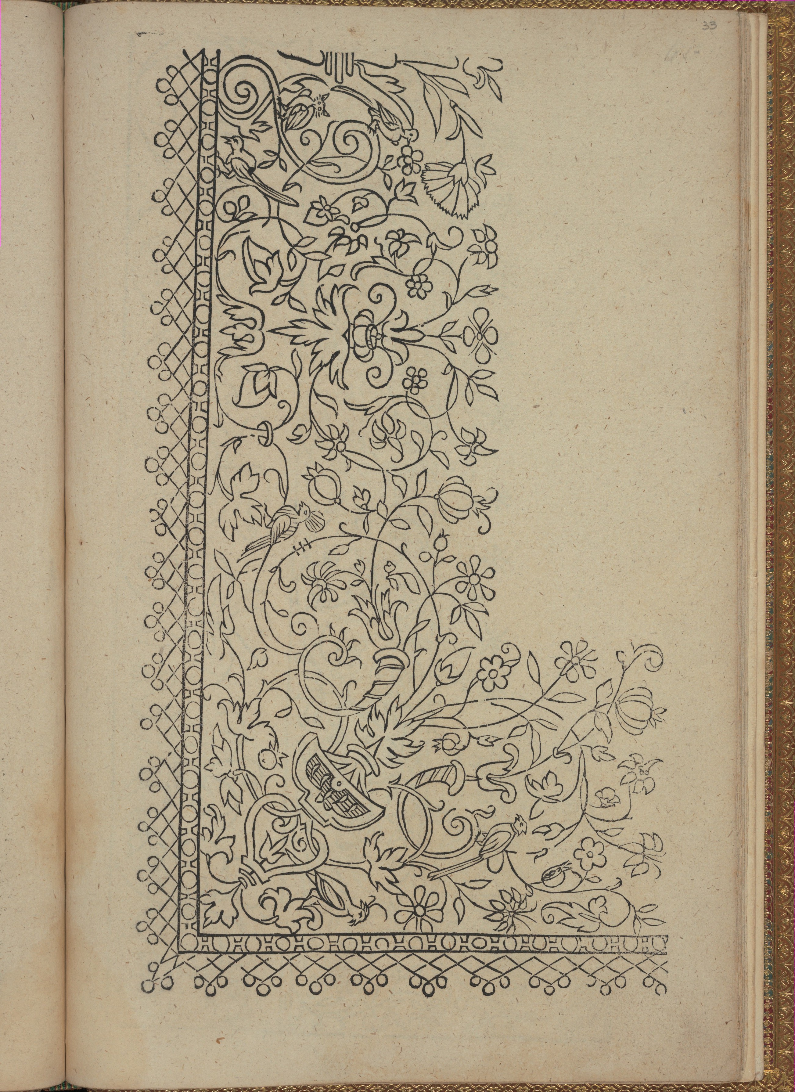 Vintage Floral Bird Corner Pattern Drawing